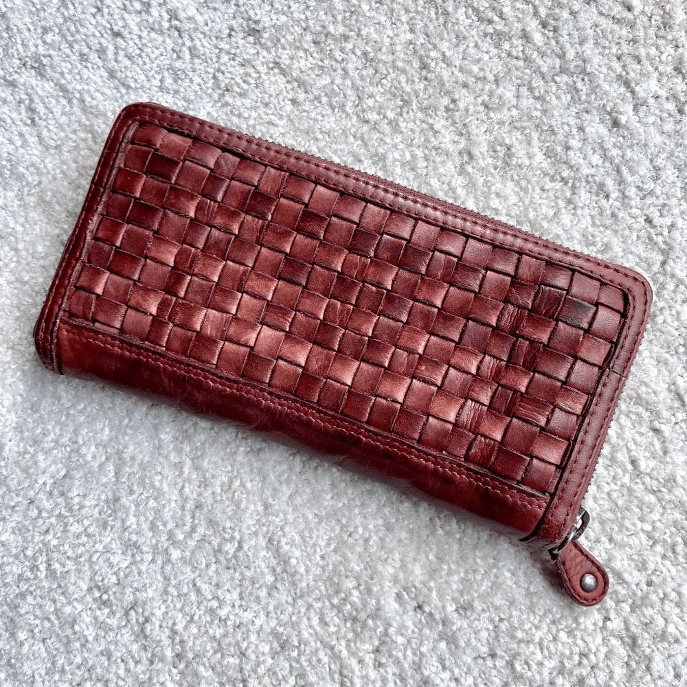 Woven Leather Zip-Around Wallet in Deep Burgundy